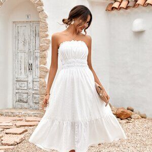 Frill Trim Strapless Midi Dress